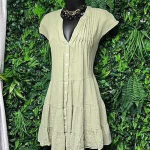 Marea by Liz Joy‎ Dress Small Sage Green Cotton Tiered Button Front Mini 3514